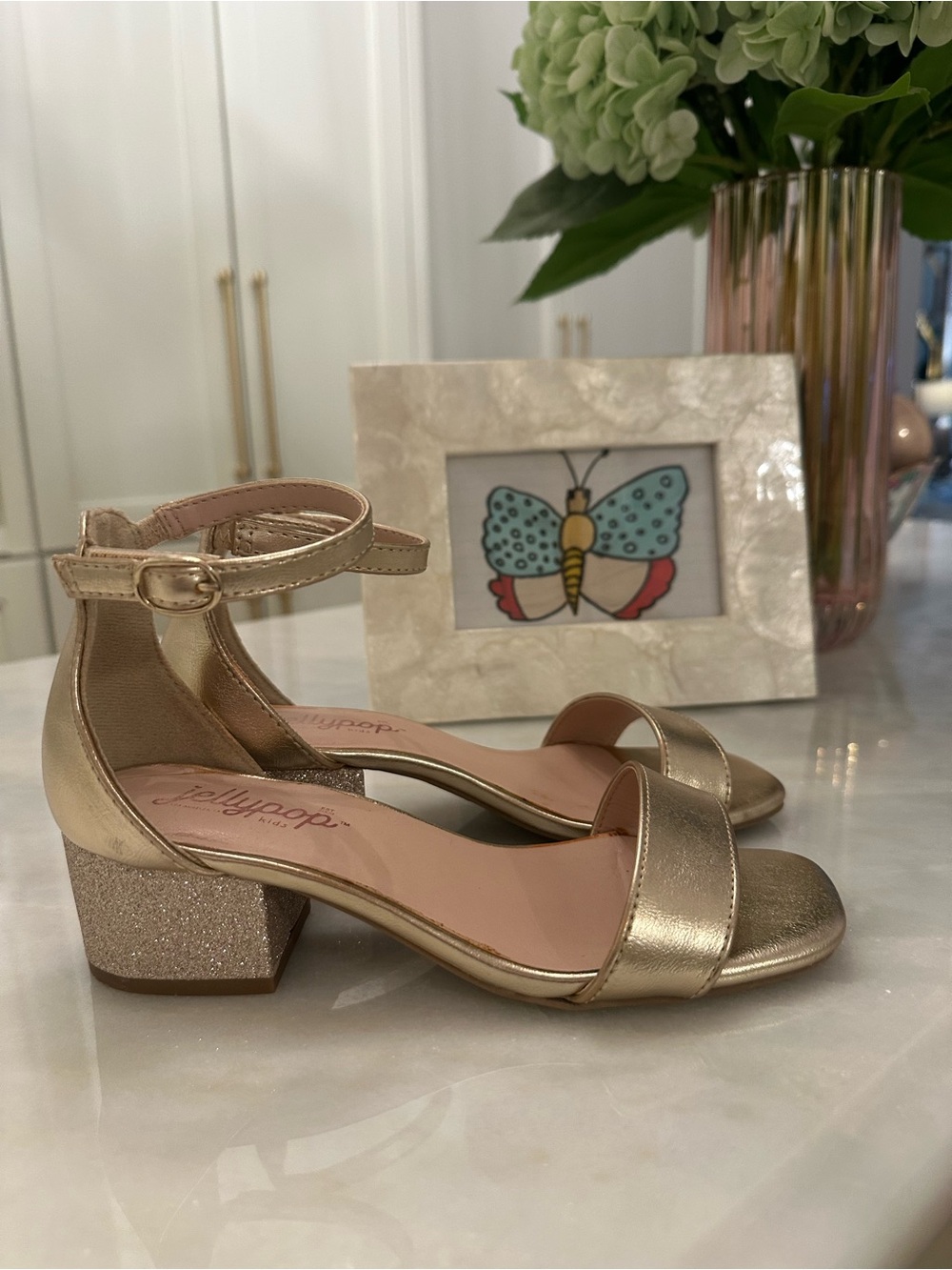 Jellypop Gold Metallic Ankle-Strap Block Heel Sandals 2M Girls